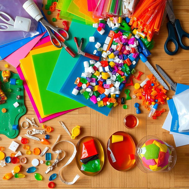 An intricate display of various plastic crafting supplies, including vibrant colored plastic sheets, assorted shapes of plastic beads, a variety of crafting tools like scissors, glue, and tiny measuring tapes, all arranged artistically on a wooden table