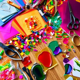 An intricate display of various plastic crafting supplies, including vibrant colored plastic sheets, assorted shapes of plastic beads, a variety of crafting tools like scissors, glue, and tiny measuring tapes, all arranged artistically on a wooden table
