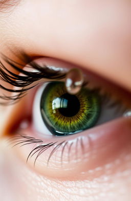 A close-up of a single vibrant green eye, glistening with tears, showcasing intricate details like the eyelashes, the reflection of light in the eye, and subtle hints of color variations within the iris