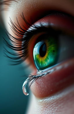 A close-up of a single vibrant green eye, glistening with tears, showcasing intricate details like the eyelashes, the reflection of light in the eye, and subtle hints of color variations within the iris