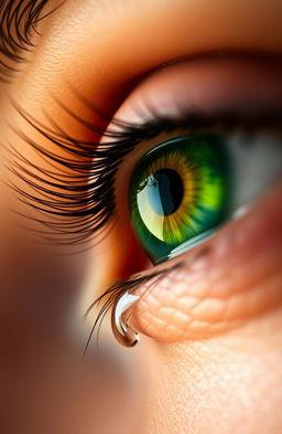 A close-up of a single vibrant green eye, glistening with tears, showcasing intricate details like the eyelashes, the reflection of light in the eye, and subtle hints of color variations within the iris