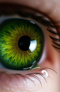 A close-up of a single vibrant green eye, glistening with tears, showcasing intricate details like the eyelashes, the reflection of light in the eye, and subtle hints of color variations within the iris