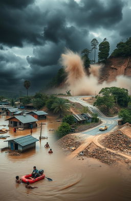 An impactful montage showcasing the devastating effects of natural disasters, specifically floods and landslides
