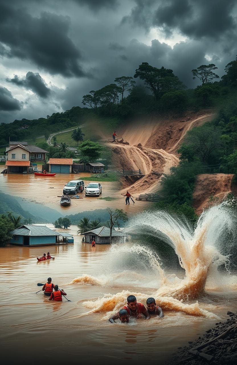 An impactful montage showcasing the devastating effects of natural disasters, specifically floods and landslides