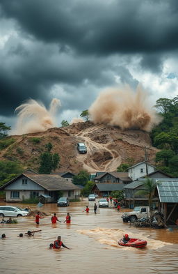 An impactful montage showcasing the devastating effects of natural disasters, specifically floods and landslides