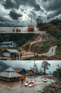 An impactful montage showcasing the devastating effects of natural disasters, specifically floods and landslides