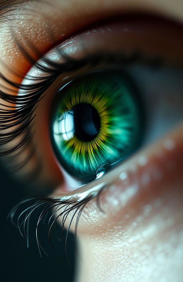 A stunning close-up of a green eye filled with tears, capturing intricate details like the reflection of light on the eye surface, delicate eyelashes framing the eye, and the vivid shades of green swirling within the iris