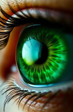 A stunning close-up of a green eye filled with tears, capturing intricate details like the reflection of light on the eye surface, delicate eyelashes framing the eye, and the vivid shades of green swirling within the iris