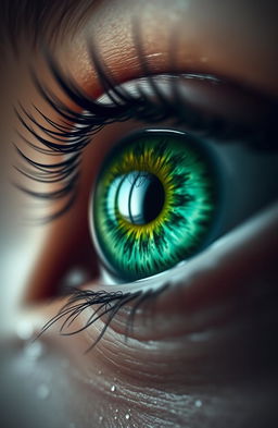 A stunning close-up of a green eye filled with tears, capturing intricate details like the reflection of light on the eye surface, delicate eyelashes framing the eye, and the vivid shades of green swirling within the iris