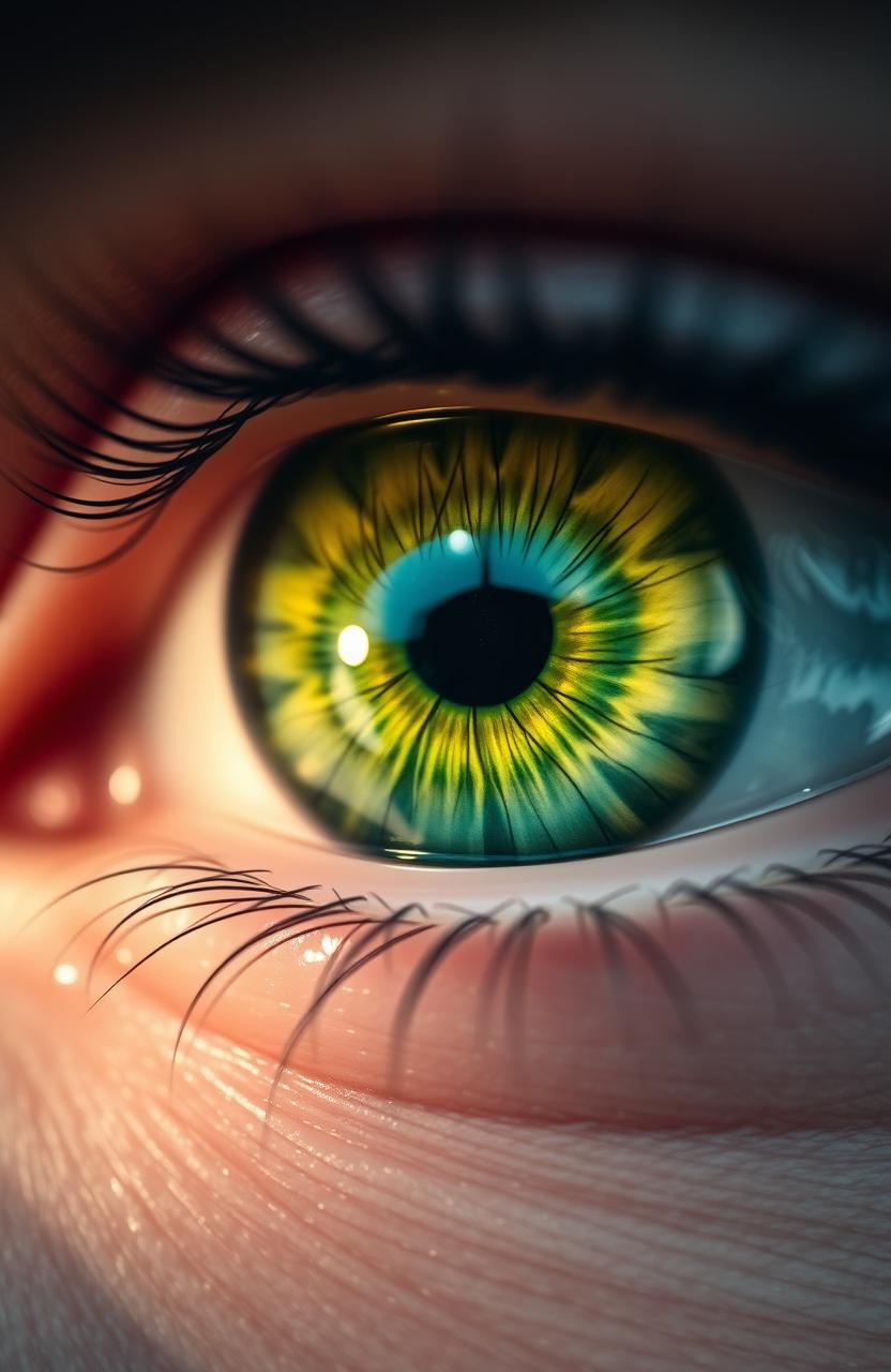 A stunning close-up of a green eye filled with tears, capturing intricate details like the reflection of light on the eye surface, delicate eyelashes framing the eye, and the vivid shades of green swirling within the iris