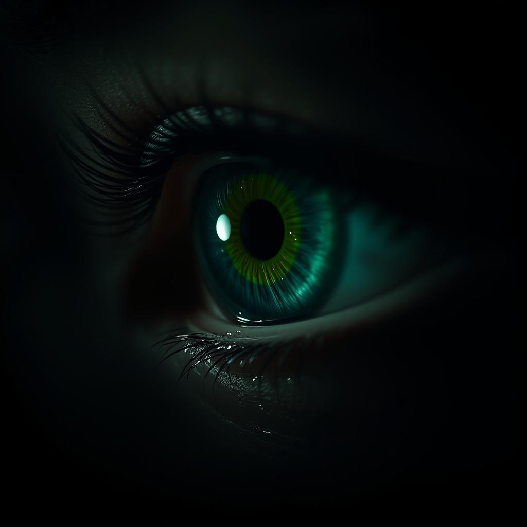 A dramatic close-up of a green eye filled with tears, surrounded by a dark, moody background that enhances the intensity of the emotion