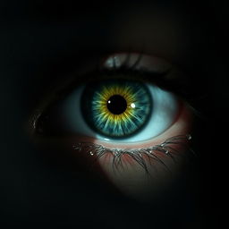 A dramatic close-up of a green eye filled with tears, surrounded by a dark, moody background that enhances the intensity of the emotion