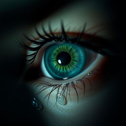 A dramatic close-up of a green eye filled with tears, surrounded by a dark, moody background that enhances the intensity of the emotion