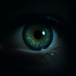 A dramatic close-up of a green eye filled with tears, surrounded by a dark, moody background that enhances the intensity of the emotion