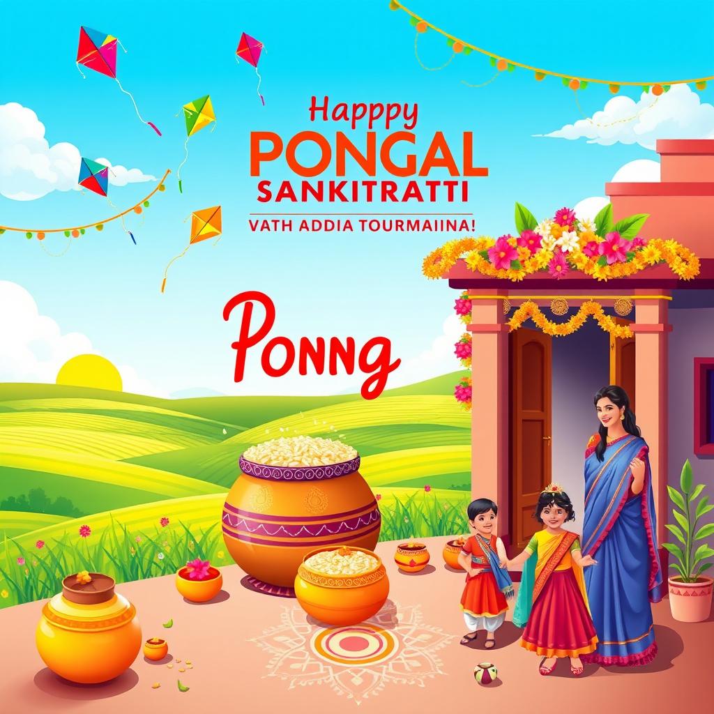 A beautiful illustration celebrating both Pongal and Makara Sankranti festivals