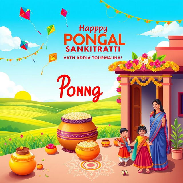 A beautiful illustration celebrating both Pongal and Makara Sankranti festivals