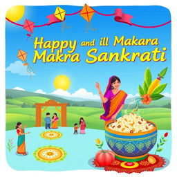 A beautiful illustration celebrating both Pongal and Makara Sankranti festivals