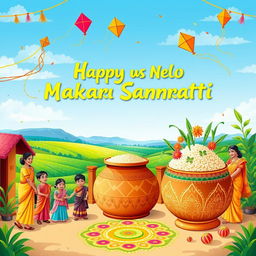 A beautiful illustration celebrating both Pongal and Makara Sankranti festivals