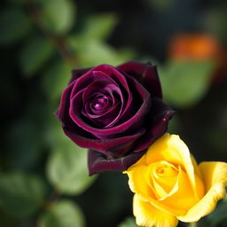 A beautiful dark violet rose alongside a bright yellow rose, showcasing the contrast between the deep, rich purple petals of the violet rose and the vibrant, sunny yellow of the other rose