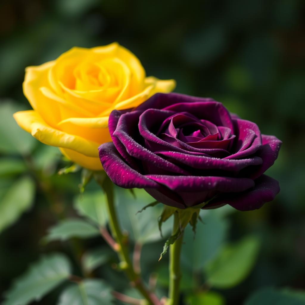 A beautiful dark violet rose alongside a bright yellow rose, showcasing the contrast between the deep, rich purple petals of the violet rose and the vibrant, sunny yellow of the other rose
