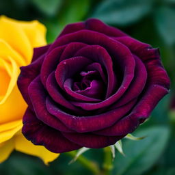 A beautiful dark violet rose alongside a bright yellow rose, showcasing the contrast between the deep, rich purple petals of the violet rose and the vibrant, sunny yellow of the other rose