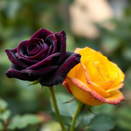 A beautiful dark violet rose alongside a bright yellow rose, showcasing the contrast between the deep, rich purple petals of the violet rose and the vibrant, sunny yellow of the other rose