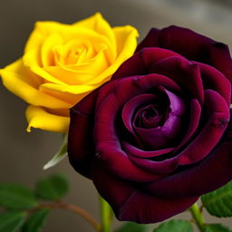 A beautiful dark violet rose alongside a bright yellow rose, intricately detailed, showcasing their lush petals and vibrant colors