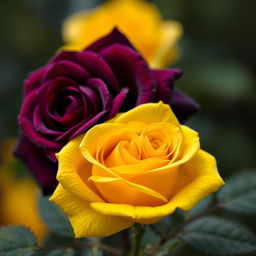A beautiful dark violet rose alongside a bright yellow rose, intricately detailed, showcasing their lush petals and vibrant colors