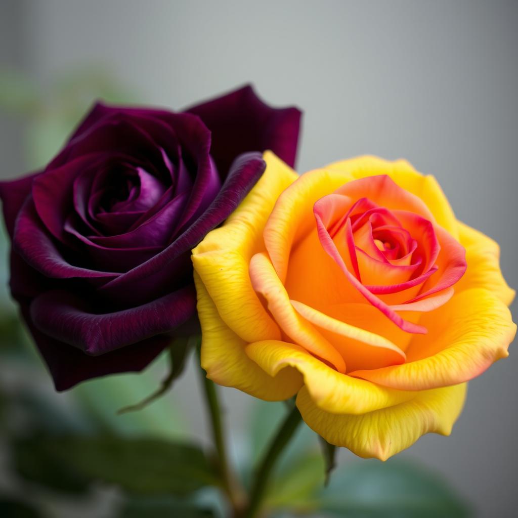 A beautiful dark violet rose alongside a bright yellow rose, intricately detailed, showcasing their lush petals and vibrant colors