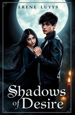 An enchanting, dark romance cover for a teen fiction novel titled 'Shadows of Desire' featuring a mysterious young couple