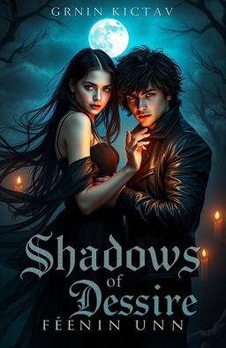 An enchanting, dark romance cover for a teen fiction novel titled 'Shadows of Desire' featuring a mysterious young couple