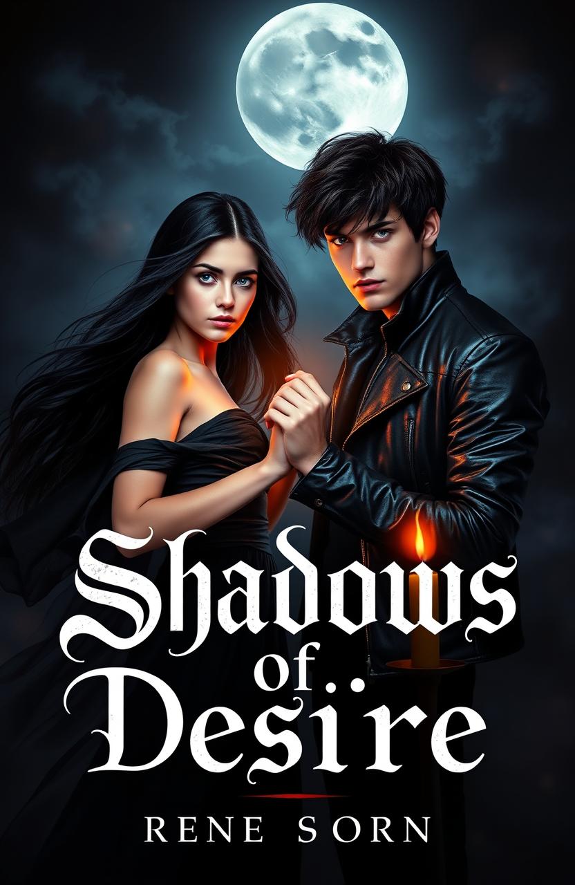 An enchanting, dark romance cover for a teen fiction novel titled 'Shadows of Desire' featuring a mysterious young couple