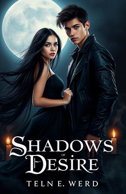 An enchanting, dark romance cover for a teen fiction novel titled 'Shadows of Desire' featuring a mysterious young couple