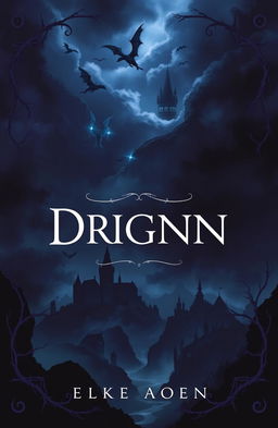 A dark and mysterious book cover design featuring a dramatic, shadowy landscape of a fantasy kingdom with towering castles and a stormy sky filled with dragons flying overhead