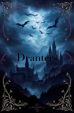 A dark and mysterious book cover design featuring a dramatic, shadowy landscape of a fantasy kingdom with towering castles and a stormy sky filled with dragons flying overhead