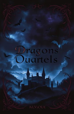 A dark and mysterious book cover design featuring a dramatic, shadowy landscape of a fantasy kingdom with towering castles and a stormy sky filled with dragons flying overhead
