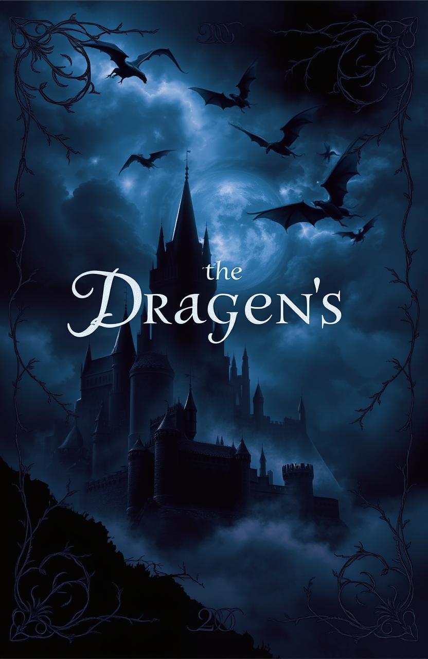 A dark and mysterious book cover design featuring a dramatic, shadowy landscape of a fantasy kingdom with towering castles and a stormy sky filled with dragons flying overhead