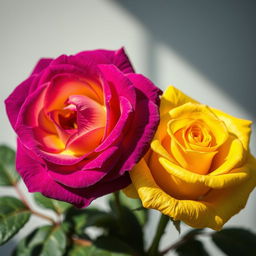 A beautifully vibrant still-life composition featuring an intense violet rose alongside a bright yellow rose