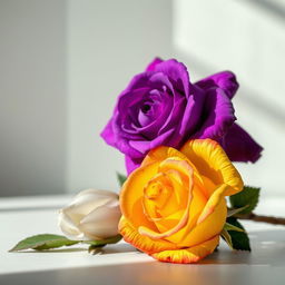 A beautifully vibrant still-life composition featuring an intense violet rose alongside a bright yellow rose
