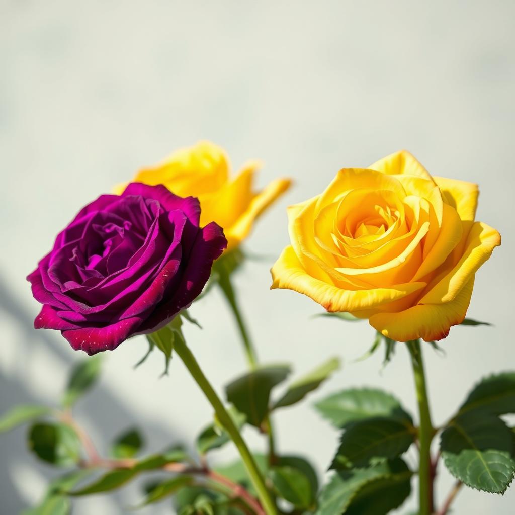 A beautifully vibrant still-life composition featuring an intense violet rose alongside a bright yellow rose