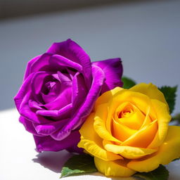 A beautifully vibrant still-life composition featuring an intense violet rose alongside a bright yellow rose