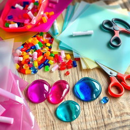 A vibrant and colorful array of plastic crafting materials, including sheets of clear and colored plastic, assorted plastic beads in various shapes and sizes, and a set of crafting tools such as scissors, glue sticks, and craft knives