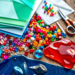 A vibrant and colorful array of plastic crafting materials, including sheets of clear and colored plastic, assorted plastic beads in various shapes and sizes, and a set of crafting tools such as scissors, glue sticks, and craft knives