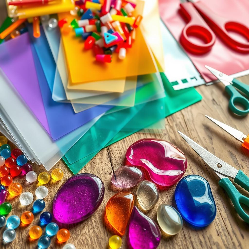 A vibrant and colorful array of plastic crafting materials, including sheets of clear and colored plastic, assorted plastic beads in various shapes and sizes, and a set of crafting tools such as scissors, glue sticks, and craft knives