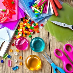 A vibrant and colorful array of plastic crafting materials, including sheets of clear and colored plastic, assorted plastic beads in various shapes and sizes, and a set of crafting tools such as scissors, glue sticks, and craft knives