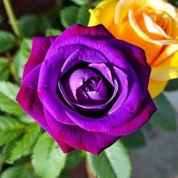 A stunning and vibrant violet rose with rich, deep colors, sitting gracefully alongside a bright and cheerful yellow rose