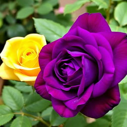 A stunning and vibrant violet rose with rich, deep colors, sitting gracefully alongside a bright and cheerful yellow rose