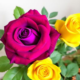 A stunning and vibrant violet rose with rich, deep colors, sitting gracefully alongside a bright and cheerful yellow rose