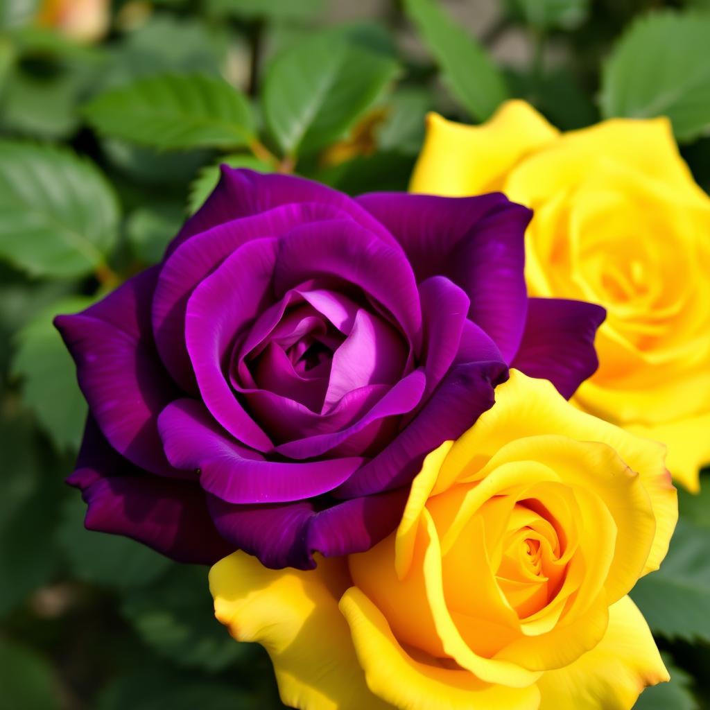 A stunning and vibrant violet rose with rich, deep colors, sitting gracefully alongside a bright and cheerful yellow rose