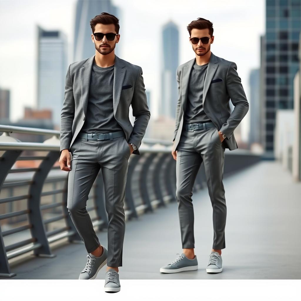 A stylish figure wearing a modern, chic outfit consisting of various shades of grey